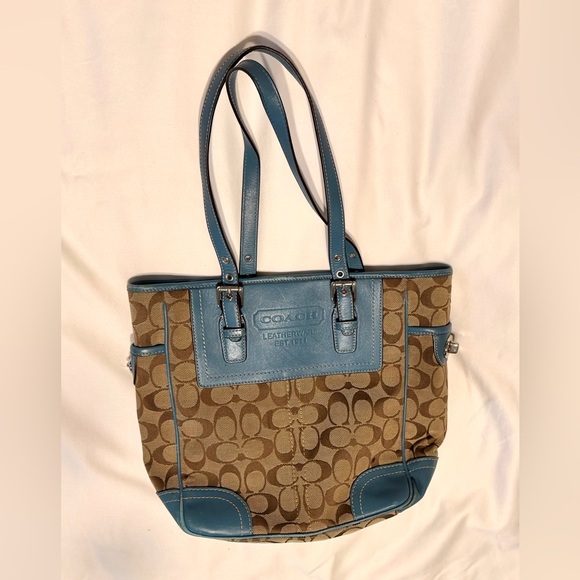 Coach Signature Canvas Tote - Blue Leather Trim